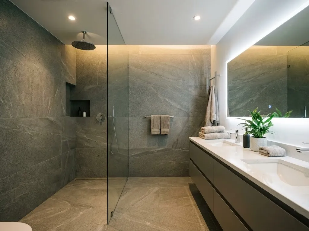 Salle de bain moderne avec douche italienne et marbre